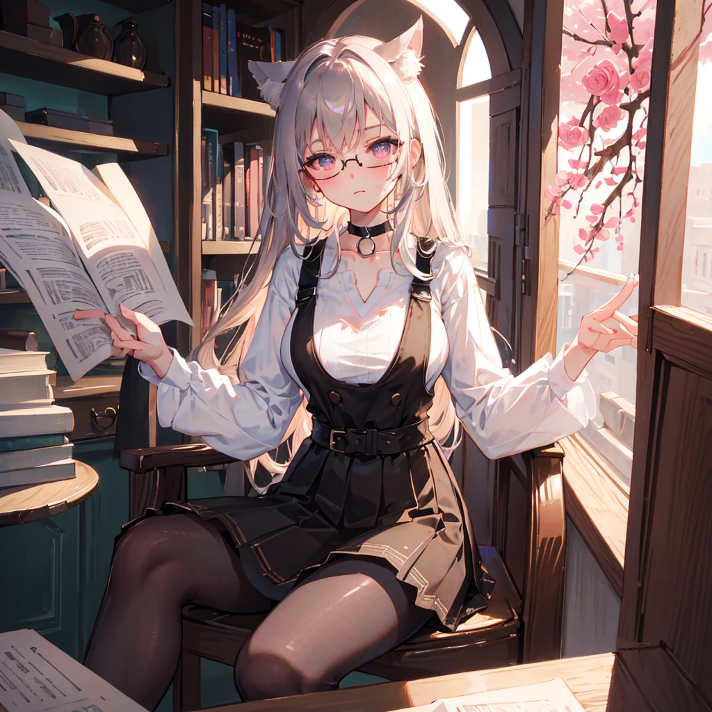 Solo, 1girl, masterpiece, best quality, extremly detailed, Cinematic lighting, intricate detail, highres, official art, finely detailed beautiful face and eyes, high resolution illustration, 8k, dark intense shadows, overexposure,  [silver hair], single braid, pink eyes, glasses, smug, sitting on chair, upper body, (opaque brown pantyhose), large breasts, V-neck, choker, white shirt, suspenders, book_stack, library, ((vine)), rose, looking at the viewer, cat ears, 