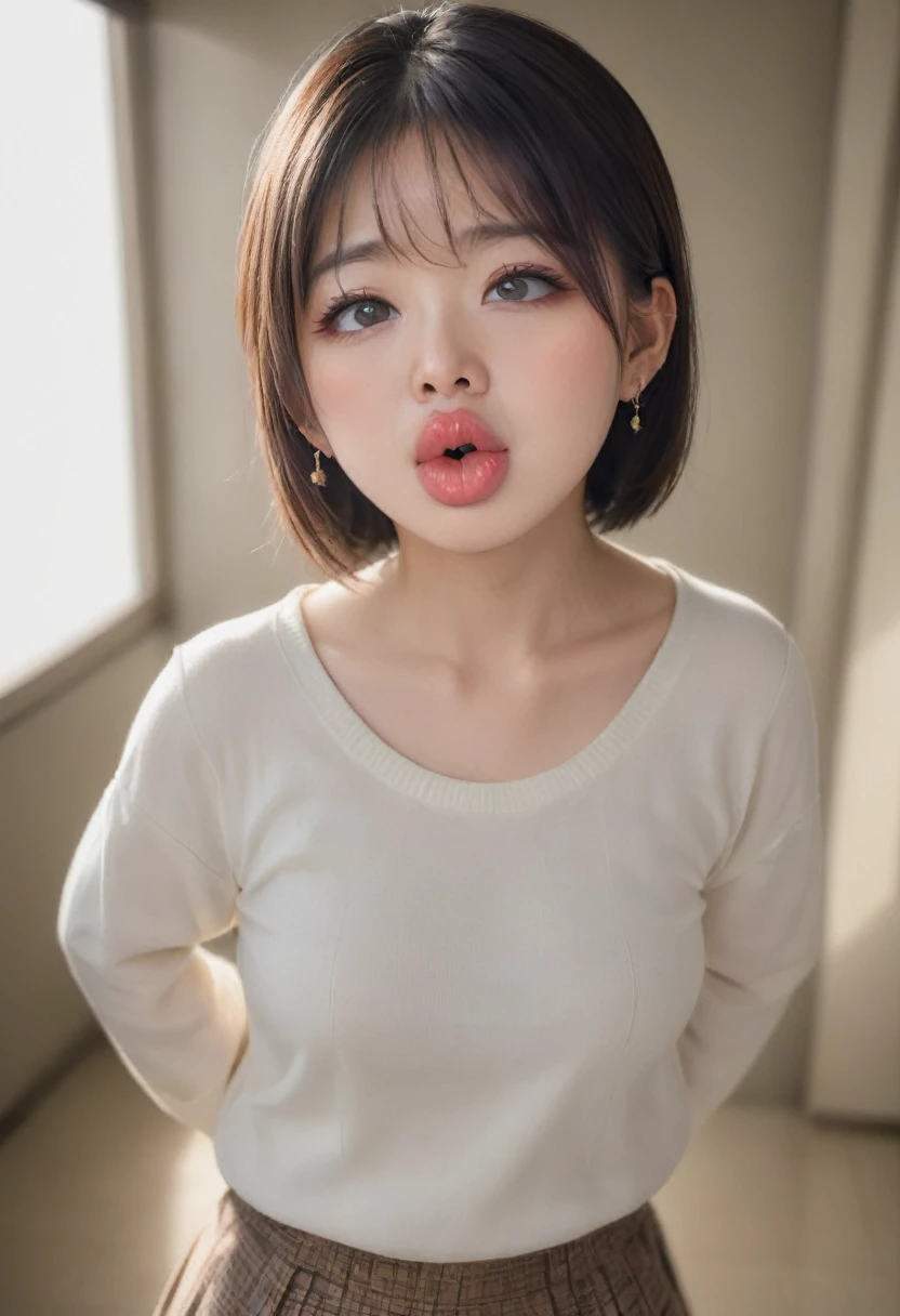 Portrait of an 18 year old Asian girl, Spectacular (photograph, Studio Lighting, Hard Light, Sony a7, 50mm, Matte skin, pores, color, Hyper Detail, Surreal),Kissing Face、Purse your lips and stick out your tongue