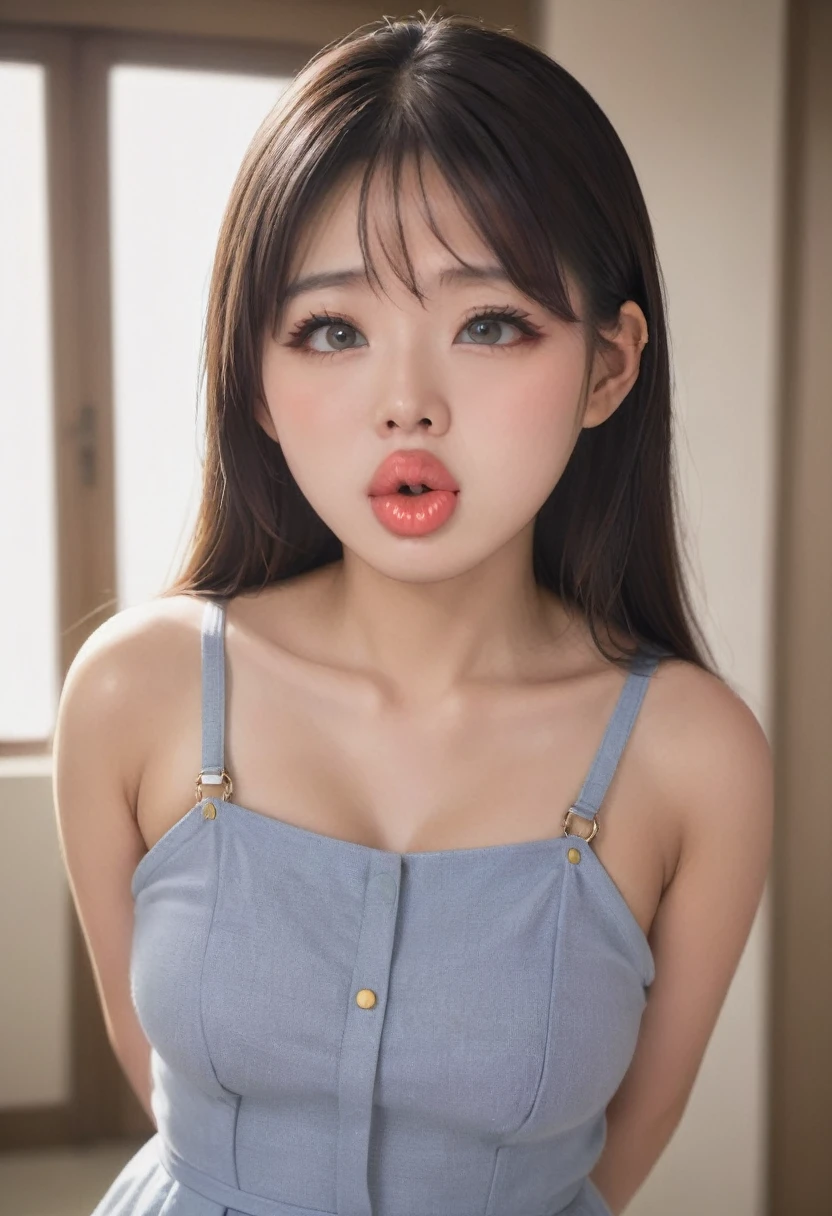 Portrait of an 18 year old Asian girl, Spectacular (photograph, Studio Lighting, Hard Light, Sony a7, 50mm, Matte skin, pores, color, Hyper Detail, Surreal),Kissing Face、Purse your lips and stick out your tongue