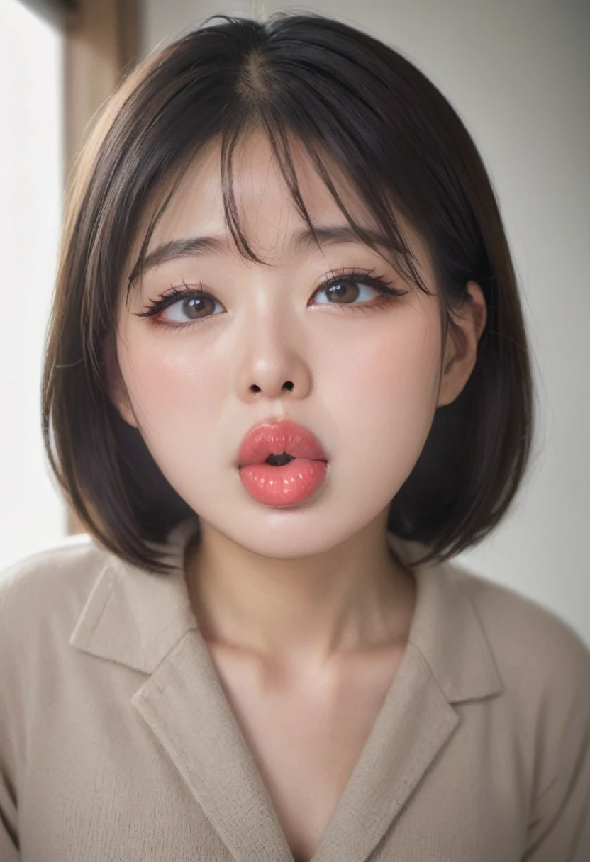 Portrait of an 18 year old Asian girl, Spectacular (photograph, Studio Lighting, Hard Light, Sony a7, 50mm, Matte skin, pores, color, Hyper Detail, Surreal),Kissing Face、Purse your lips and stick out your tongue