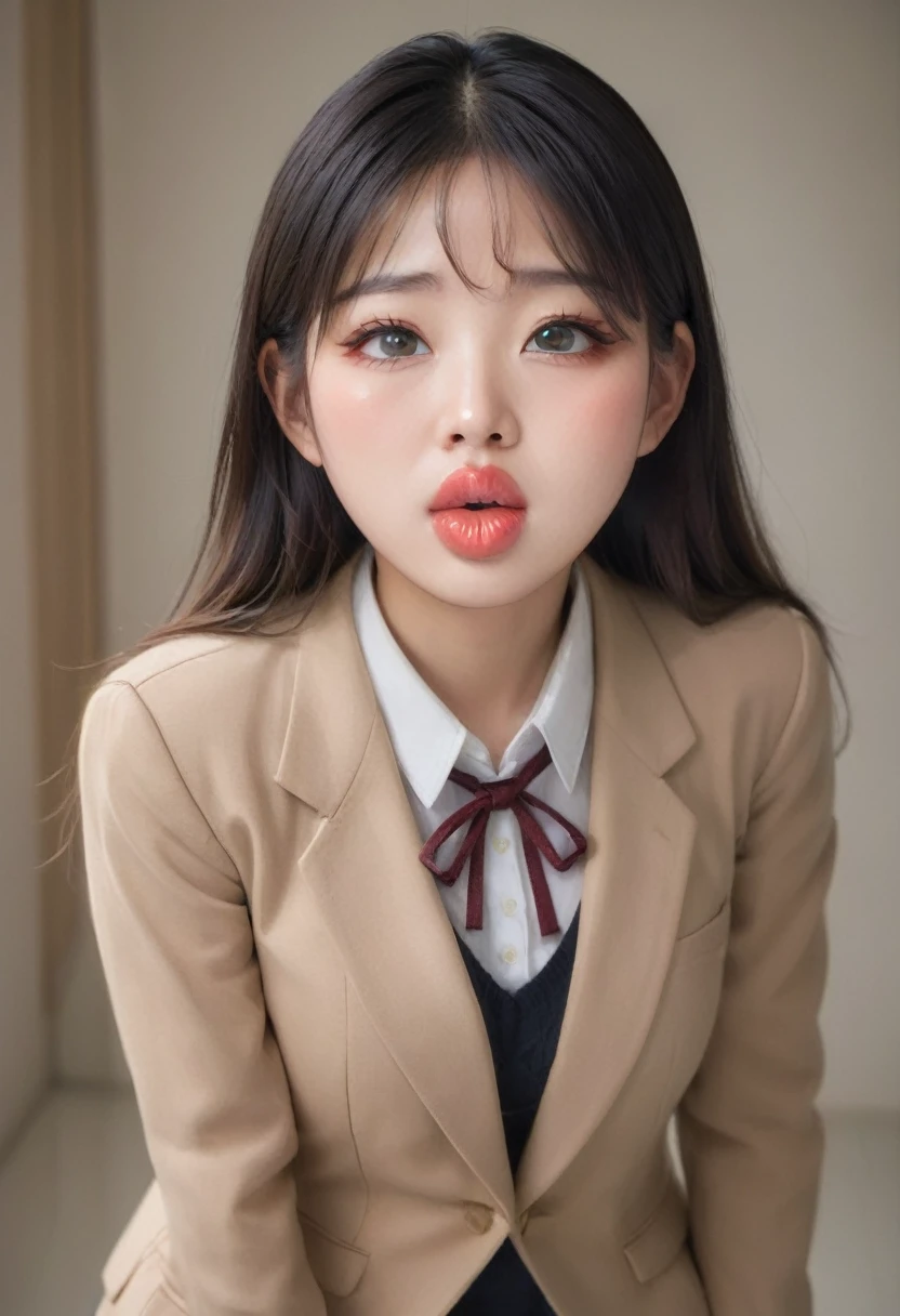 Portrait of an 18 year old Asian girl, Spectacular (photograph, Studio Lighting, Hard Light, Sony a7, 50mm, Matte skin, pores, color, Hyper Detail, Surreal),Kissing Face、Purse your lips and stick out your tongue