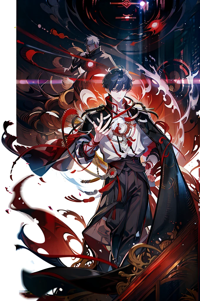 A handsome man with a purple short messy hair, gleaming red eyes, wearing a white shirt with a black and red cape with samurai metal plates and details, red strings, hood and bows, black pants, red moon background, menacing bright red electricity aura, menacing gaze and sinister hysterical evil smile (best quality, full HD, best illumination, realism, visual effects, blur, motion blur)