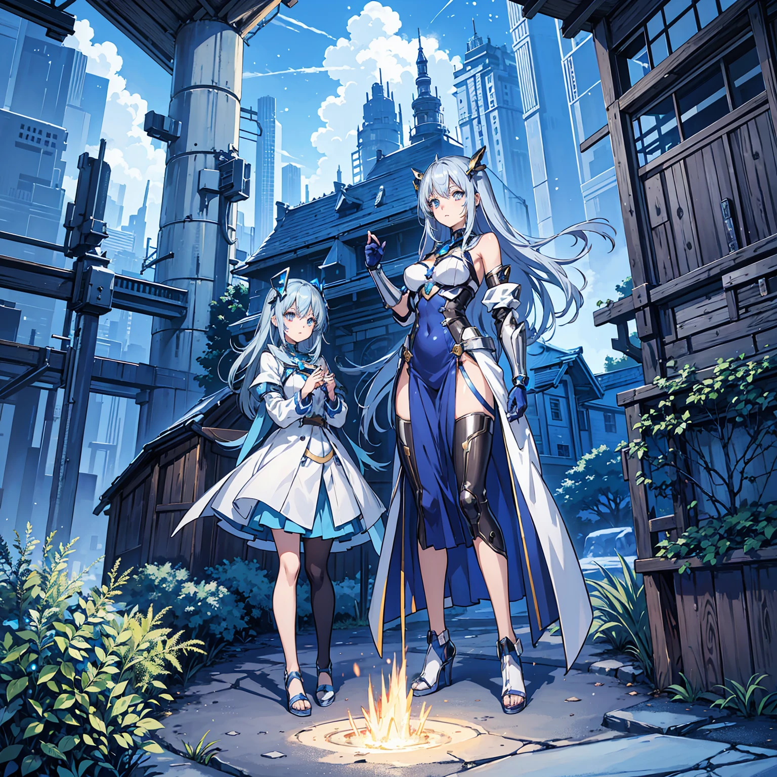 Anime, 2 Characters, 1 Anime Girl, Silver Blue Hair, blue glowing star-shaped eyes, 1 Puppet, metallic, tall, Robot, Fantasy, Lights, outdated, old style, bronze silver and blue, Nature, Biomes with mountains