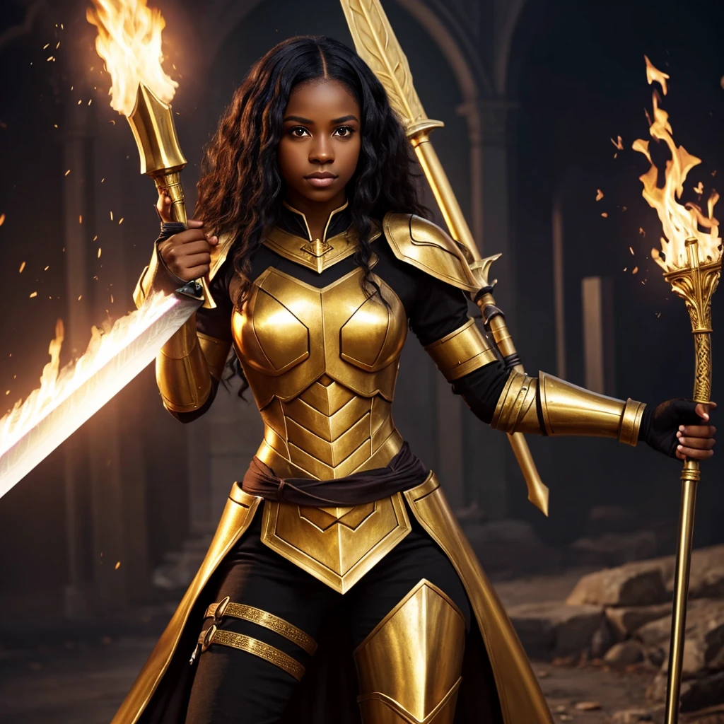 A light black woman, with straight and pasted hair, with violet eyes, with the pupil of the right eye emitted light, with a golden armor, a flaming sword in his right hand and a staff in his left hand, in position 3/4 on the left.