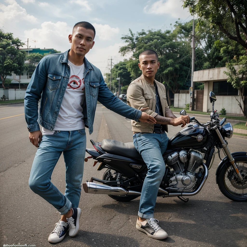 Photo of handsome Indonesian man,such as ambut buzzcut,jacket jeans,jeans,canvas shoes,riding a motorcycle,beautiful open air