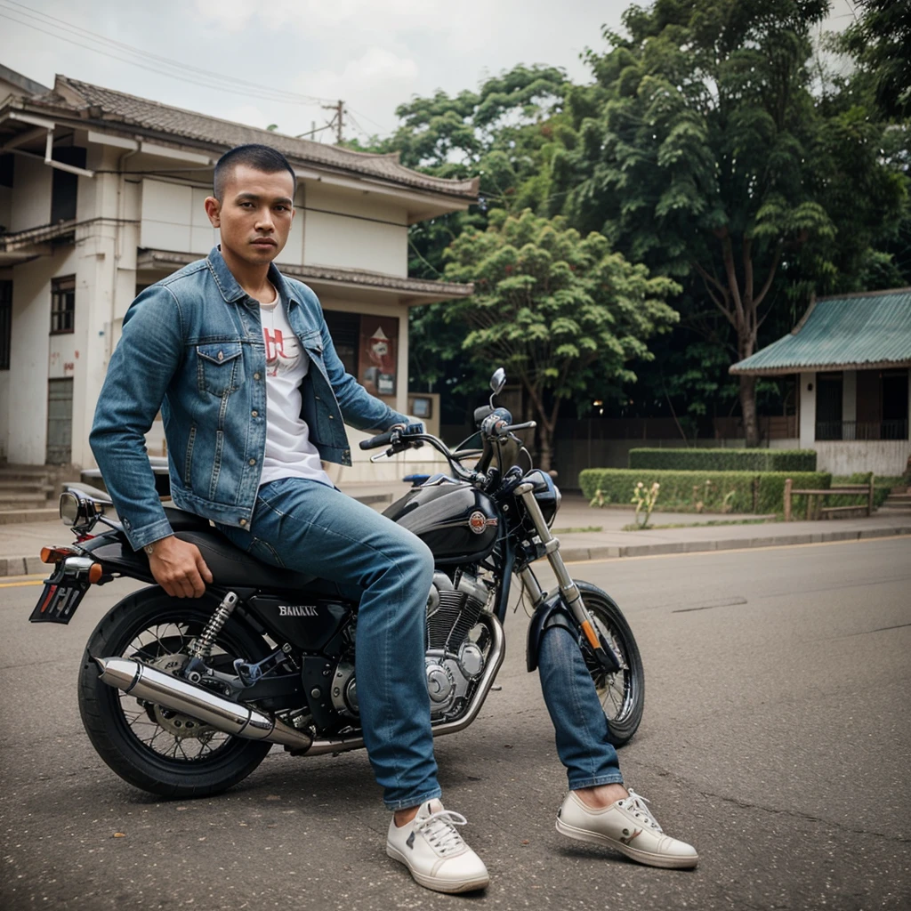 Photo of handsome Indonesian man,such as ambut buzzcut,jacket jeans,jeans,canvas shoes,riding a motorcycle,beautiful open air