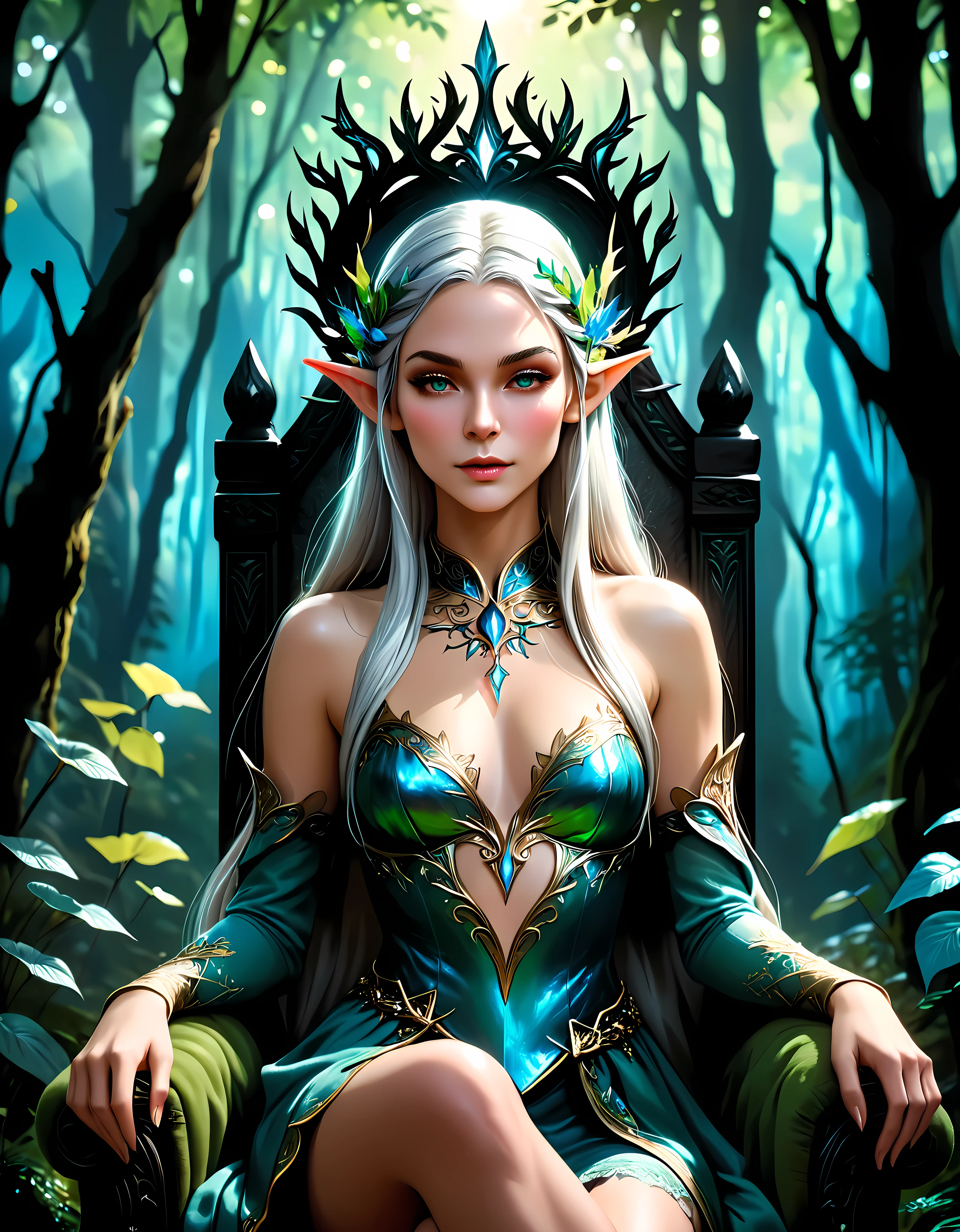 ((Masterpiece in maximum 16K resolution):1.6),((soft_color_photograpy:)1.5), ((Ultra-Detailed):1.4),((Movie-like still images and dynamic angles):1.3) | ((double contact):1.3), ((Majestic Elven Queen Throne silhoutte effect):1.2), ((Superimposed on Pretty Fresh Female Elven):1.1)《dark forest sky》Oil and ink on canvas, fine dark art, super dramatic light, photoillustration, amazing depth, the ultra-detailed, iridescent black, superfluous dreams, intricately details, amazing depth, Amazing atmosphere, Mesmerizing whimsical vibrant landscapes, ((Female Elven Beauty in A Forest Throne):1.5), Maximalism ((beautiful outside, Ugly inside, pressure and pain, beauty and despair, hard and soft, positive and negative, hot and cold, Sweet and sour, Vibrant but boring, Perfect harmony, light and shadows, old and young, Black and white, Corresponding color, loud and quiet, Chaos and peace, life and death):1.2) The complex masterpiece of a real-time engineering leader. | Rendered in ultra-high definition with UHD and retina quality, this masterpiece ensures anatomical correctness and textured skin with super detail. With a focus on high quality and accuracy, this award-winning portrayal captures every nuance in stunning 16k resolution, immersing viewers in its lifelike depiction. | ((perfect_composition, perfect_design, perfect_layout, perfect_detail, ultra_detailed)), ((enhance_all, fix_everything)), More Detail, Enhance.
