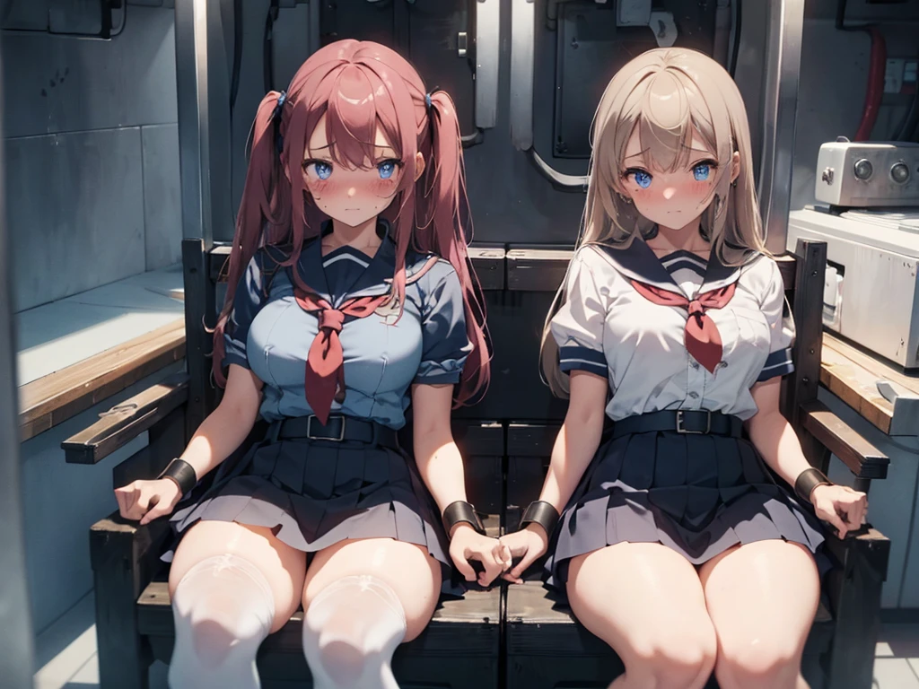 2 girls, strapped to chairs, (inside basement, torture room, cryogenic cell, cryogenic cell), (open legs:1.5), (blushing:1.5), (((blushing, terrified, crying))), (wrist cuffs, ankle cuffs, wrists tied, ankles tied), arms to the sides, ((tight clothing, short sleeves, sailor uniform, miniskirt, shoeless)), perfect face, detailed face, detailed eyes, beautiful eyes, big breasts, long hair