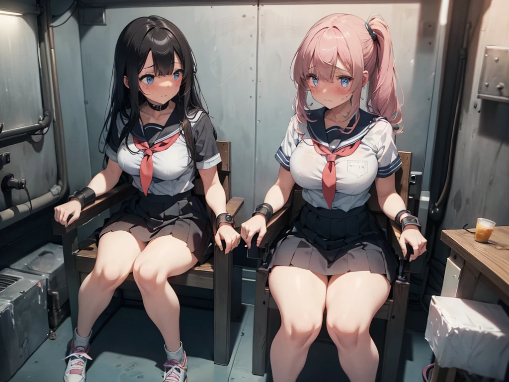 2 girls, strapped to chairs, (inside basement, torture room, cryogenic cell, cryogenic cell), (open legs:1.5), (blushing:1.5), (((blushing, terrified, crying))), (wrist cuffs, ankle cuffs, wrists tied, ankles tied), arms to the sides, ((tight clothing, short sleeves, sailor uniform, miniskirt, shoeless)), perfect face, detailed face, detailed eyes, beautiful eyes, big breasts, long hair