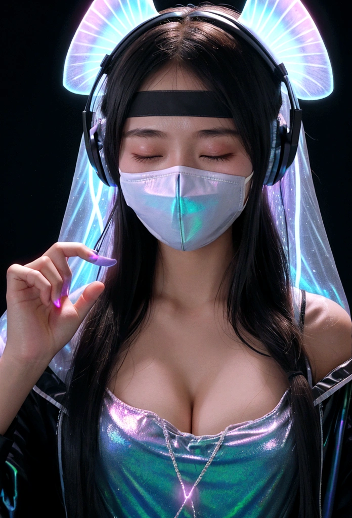 blindfolded young woman wearing headphones, glowing iridescent colors, moths resting on blindfold, only face in frame, thick fabric blindfold covering eyes