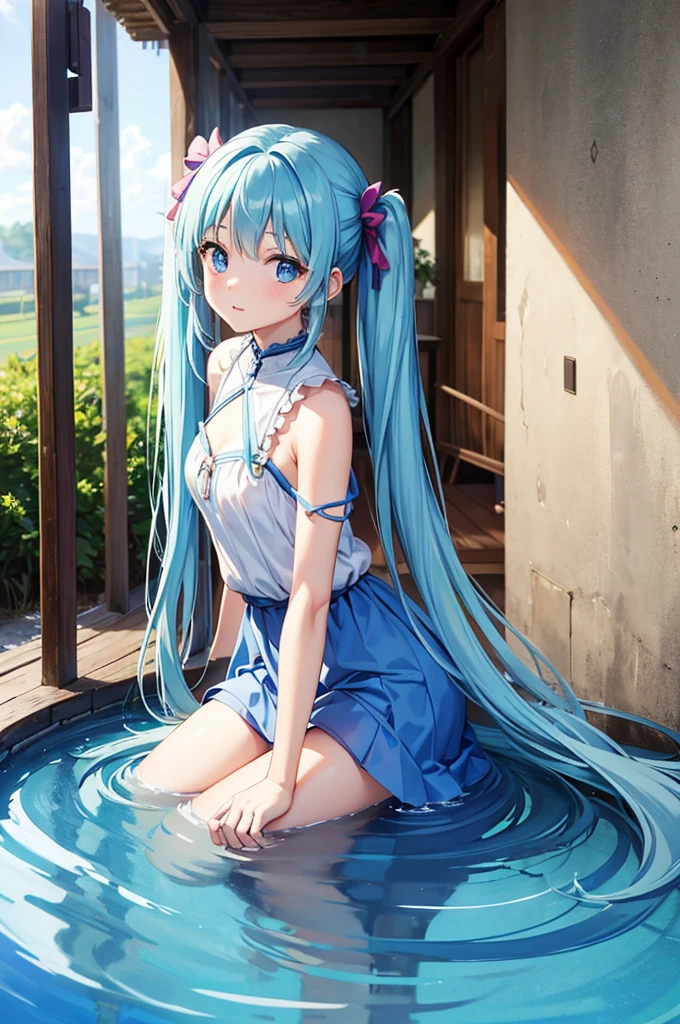 A girl is sitting ,(( a very large brush)), ((Paint Slime smearpackages around it a lot of colored sides))and the girl is holding a cup stained with paint, and the dress is stained with paint, beautiful and cute, dark blue hair, green hair, hair between eyes, long hair, split ponytail, leaf hair ornament, dilated pupils, long pointy ears, glowing light, partially underwater shot, wide shot, Low-Angle, super detail