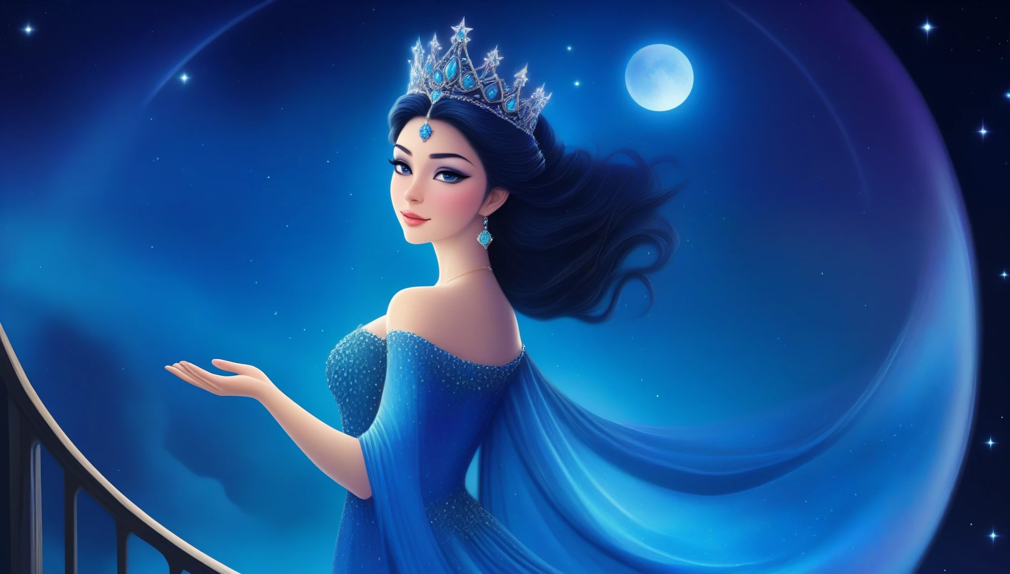 Portray an enchanting queen dressed in celestial-themed attire, with a gown that sparkles like the night sky, adorned with stars and constellations. She stands on a balcony overlooking a cosmic landscape of swirling galaxies and nebulae. Her crown is made of glowing celestial gems, and her presence is illuminated by the soft, radiant light of a full moon.