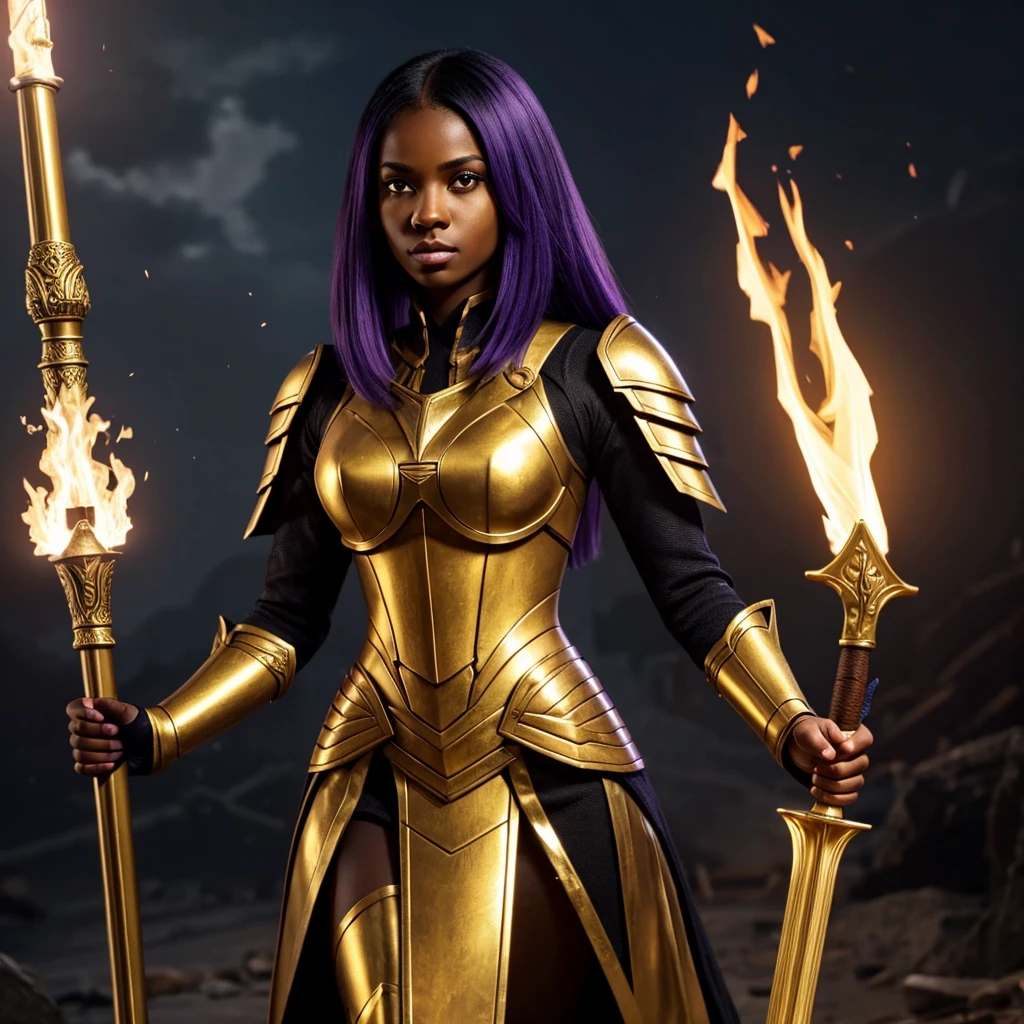 A light black woman, with straight and pasted hair, with violet eyes, with the pupil of the right eye emitted light, with a golden armor, a flaming sword in his right hand and a staff in his left hand, in position 3/4 on the left.