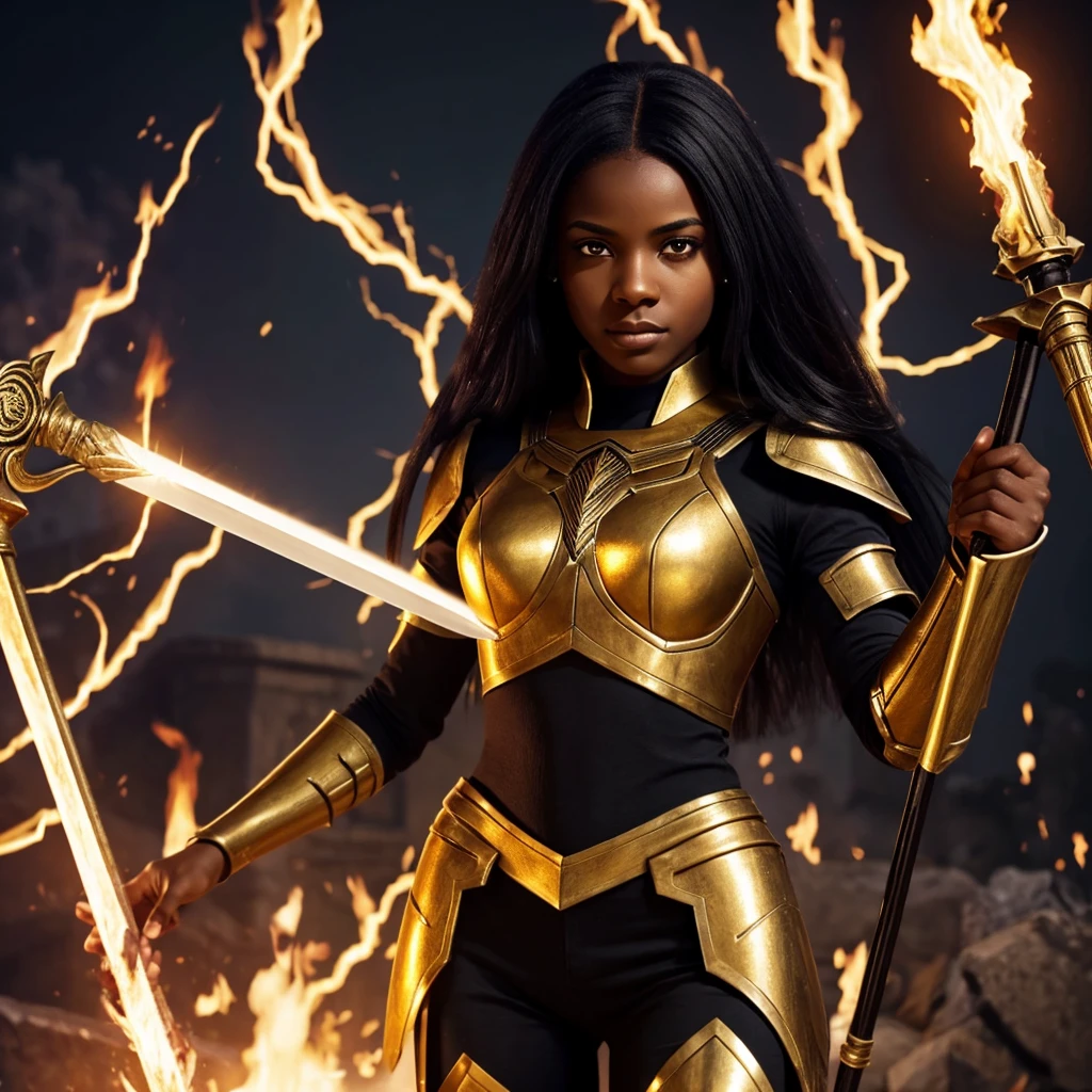 A light black woman, with straight and pasted hair, with violet eyes, with the pupil of the right eye emitted light, with a golden armor, a flaming sword in his right hand and a staff in his left hand, in position 3/4 on the left.