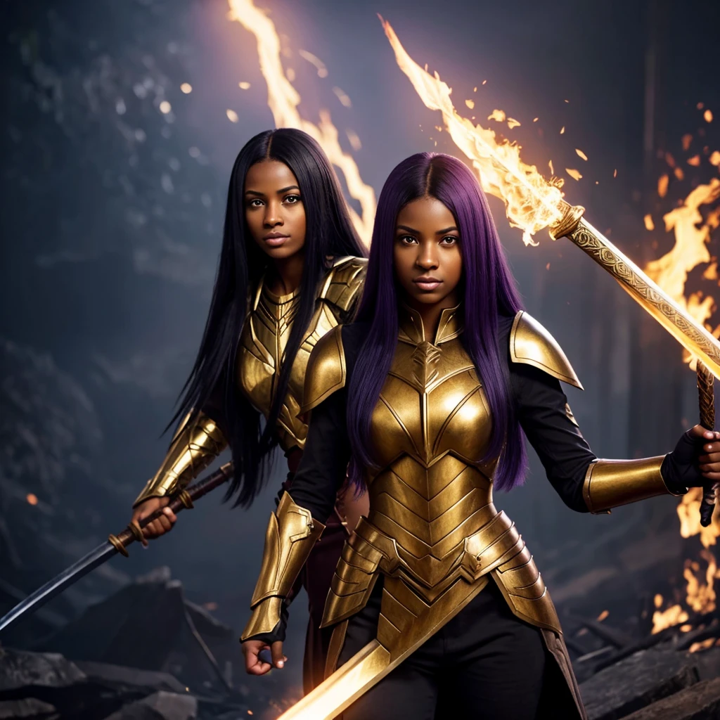 A light black woman, with straight and pasted hair, with violet eyes, with the pupil of the right eye emitted light, with a golden armor, a flaming sword in his right hand and a staff in his left hand, in position 3/4 on the left.