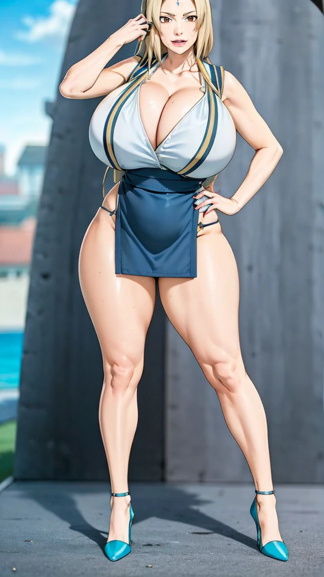 Big Breasts, Big Hips, Full Body Shot, Mature mother, Voluptuous thighs, ox, Seductive mature woman, Perfect body, Plus Size Model, Sailor suit, Wearing high heels,Miniskirt Uniform, Tsunade、Top Bikini、Grinning face、Breasts overflowing from bikini