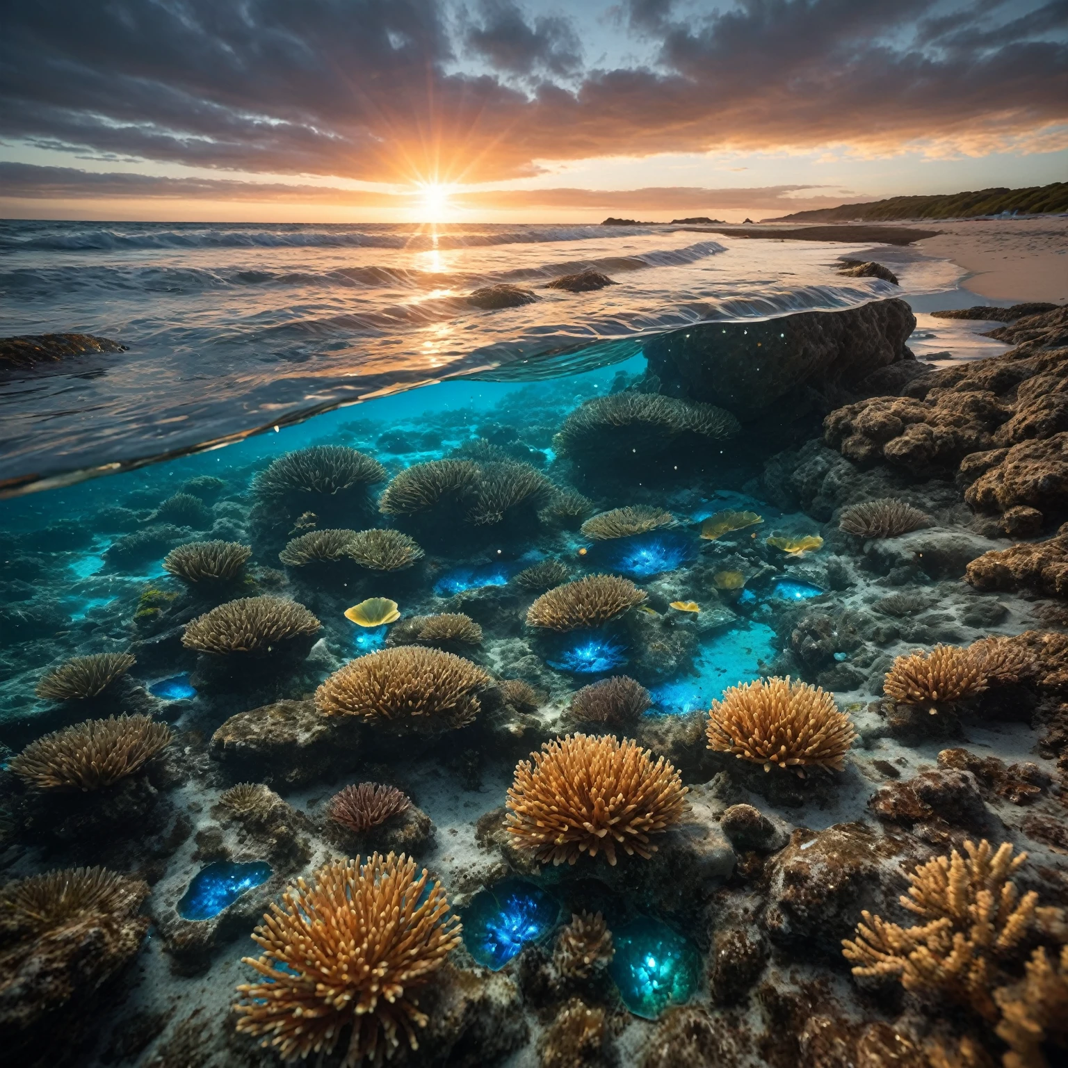 Par une nuit sombre éclairée par la lune, depuis un point de vue élevé, observez un lagon bleu turquoise qui s’étire jusqu’à l’horizon. À gauche, une plage bordée de palmiers se niche sous un lagon d’un bleu turquoise cristallin, où des récifs coralliens et une faune aquatique multicolore bioluminescente se dévoilent avec précision, animés par de délicates vagues. Dans le ciel, une galaxie tourbillonnante évolue en un œil bleu géant, plus détaillé et majestueux, incrusté dans un ciel étoilé orné de nébuleuses et de poussière cosmique. Les reflets vifs de cet œil bleu et du ciel étoilé se miroitent intensément à la surface de l’eau. Le long du rivage, une femme blonde aux cheveux longs et fluides, vêtue d’une robe transparente aux détails fins qui semble tissée d’une étoffe céleste, se tient debout, absorbée par les merveilles de l’univers. L’eau près d’elle est d’une transparence cristalline, révélant des algues multicolores bioluminescentes et une vie marine riche en détails. Au milieu de cette scène, un dauphin joyeux saute hors de l’eau, ajoutant une touche de vie et de mouvement. Cette œuvre doit capturer l’essence du luminisme lunaire et du réalisme fantastique sur un fond complexe et minutieusement détaillé, rendu en résolution ultra-réaliste 8k pour une finesse hyper-réaliste évoquant des effets de photographie enchantée. Évoquez des éléments de fantaisie moderne populaires sur Artstation Unreal Engine 5 avec des couleurs éclatantes et tachées d’encre, un style de maximalisme, des techniques de peinture mate offrant une profondeur de champ étendue, tout en préservant des reflets simples et purs dans l’obscurité