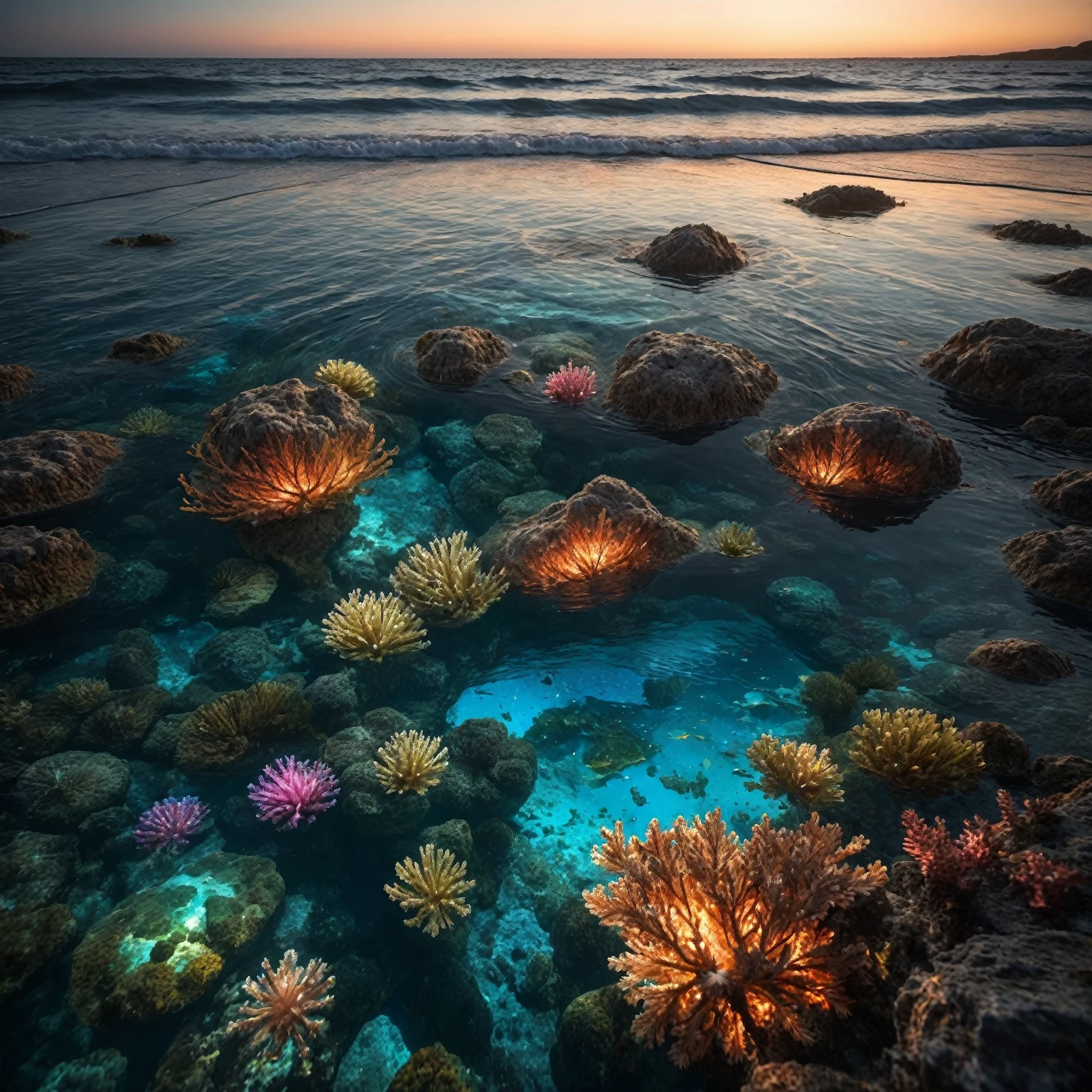 Par une nuit sombre éclairée par la lune, depuis un point de vue élevé, observez un lagon bleu turquoise qui s’étire jusqu’à l’horizon. À gauche, une plage bordée de palmiers se niche sous un lagon d’un bleu turquoise cristallin, où des récifs coralliens et une faune aquatique multicolore bioluminescente se dévoilent avec précision, animés par de délicates vagues. Dans le ciel, une galaxie tourbillonnante évolue en un œil bleu géant, plus détaillé et majestueux, incrusté dans un ciel étoilé orné de nébuleuses et de poussière cosmique. Les reflets vifs de cet œil bleu et du ciel étoilé se miroitent intensément à la surface de l’eau. Le long du rivage, une femme blonde aux cheveux longs et fluides, vêtue d’une robe transparente aux détails fins qui semble tissée d’une étoffe céleste, se tient debout, absorbée par les merveilles de l’univers. L’eau près d’elle est d’une transparence cristalline, révélant des algues multicolores bioluminescentes et une vie marine riche en détails. Au milieu de cette scène, un dauphin joyeux saute hors de l’eau, ajoutant une touche de vie et de mouvement. Cette œuvre doit capturer l’essence du luminisme lunaire et du réalisme fantastique sur un fond complexe et minutieusement détaillé, rendu en résolution ultra-réaliste 8k pour une finesse hyper-réaliste évoquant des effets de photographie enchantée. Évoquez des éléments de fantaisie moderne populaires sur Artstation Unreal Engine 5 avec des couleurs éclatantes et tachées d’encre, un style de maximalisme, des techniques de peinture mate offrant une profondeur de champ étendue, tout en préservant des reflets simples et purs dans l’obscurité