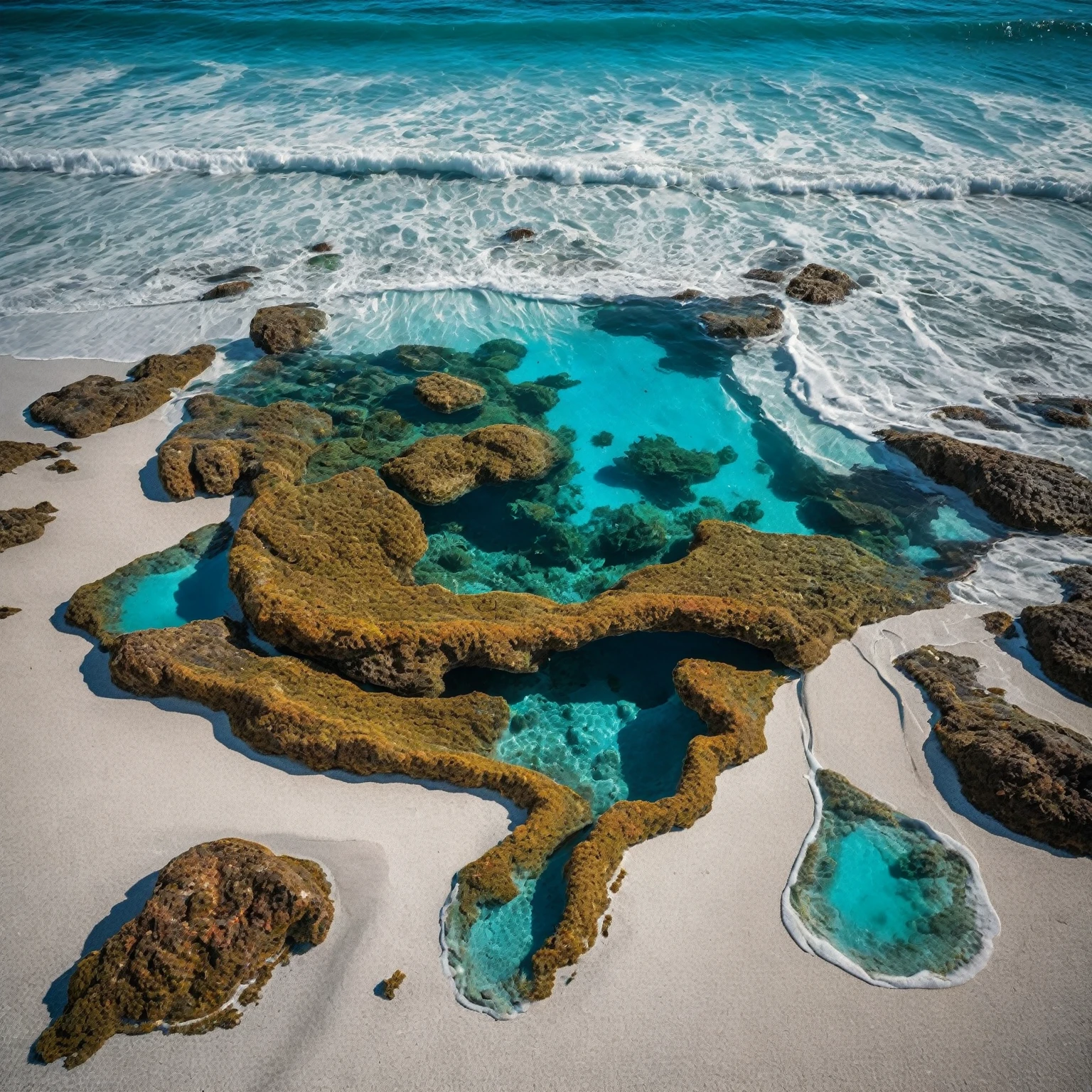 Par une nuit sombre éclairée par la lune, depuis un point de vue élevé, observez un lagon bleu turquoise qui s’étire jusqu’à l’horizon. À gauche, une plage bordée de palmiers se niche sous un lagon d’un bleu turquoise cristallin, où des récifs coralliens et une faune aquatique multicolore bioluminescente se dévoilent avec précision, animés par de délicates vagues. Dans le ciel, une galaxie tourbillonnante évolue en un œil bleu géant, plus détaillé et majestueux, incrusté dans un ciel étoilé orné de nébuleuses et de poussière cosmique. Les reflets vifs de cet œil bleu et du ciel étoilé se miroitent intensément à la surface de l’eau. Le long du rivage, une femme blonde aux cheveux longs et fluides, vêtue d’une robe transparente aux détails fins qui semble tissée d’une étoffe céleste, se tient debout, absorbée par les merveilles de l’univers. L’eau près d’elle est d’une transparence cristalline, révélant des algues multicolores bioluminescentes et une vie marine riche en détails. Au milieu de cette scène, un dauphin joyeux saute hors de l’eau, ajoutant une touche de vie et de mouvement. Cette œuvre doit capturer l’essence du luminisme lunaire et du réalisme fantastique sur un fond complexe et minutieusement détaillé, rendu en résolution ultra-réaliste 8k pour une finesse hyper-réaliste évoquant des effets de photographie enchantée. Évoquez des éléments de fantaisie moderne populaires sur Artstation Unreal Engine 5 avec des couleurs éclatantes et tachées d’encre, un style de maximalisme, des techniques de peinture mate offrant une profondeur de champ étendue, tout en préservant des reflets simples et purs dans l’obscurité