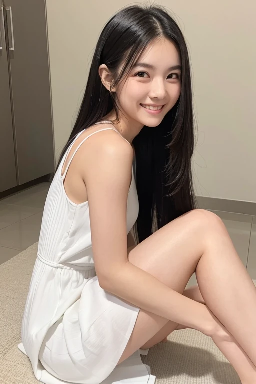 Best-quality, Masterpiece, Ultra-High-Resolution, (Photorealistic:1.4), Raw-Photo, 1girl, 12-years-old, the most famous Japanese idol, ((open-legs):1.5), dynamic-pose, innocent-smile, extremely cute and childish face, extremely beautiful big-black-eyes, extremely beautiful hair, extremely beautiful skins, extremely beautiful shoulders, extremely beautiful short-body, extremely beautiful long-eyelashes, extremely beautiful lips