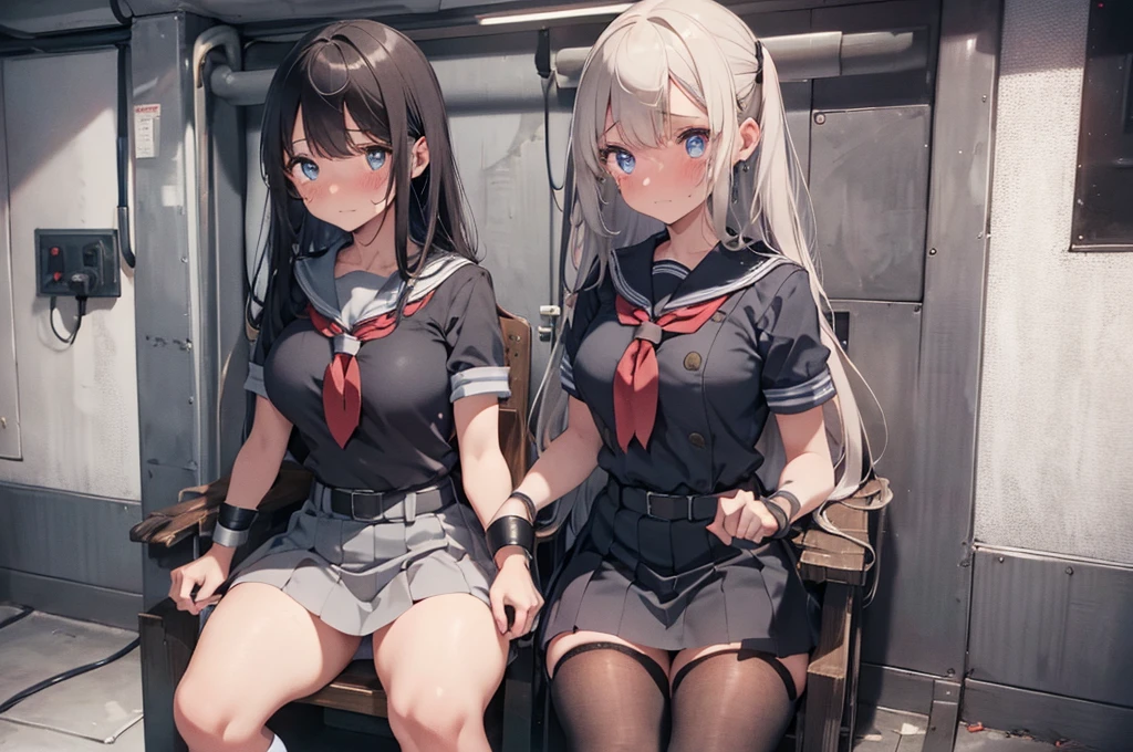 2 girls, strapped to chairs, (inside basement, torture room, cryogenic cell, cryogenic cell), (open legs:1.5), (blushing:1.5), (((blushing, terrified, crying))), (wrist cuffs, ankle cuffs, wrists tied, ankles tied), arms to the sides, ((tight clothing, short sleeves, sailor uniform, miniskirt, shoeless)), perfect face, detailed face, detailed eyes, beautiful eyes, big breasts, long hair