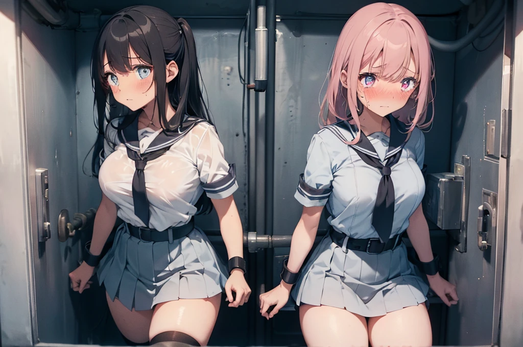 2 girls, strapped to chairs, (inside basement, torture room, cryogenic cell, cryogenic cell), (open legs:1.5), (blushing:1.5), (((blushing, terrified, crying))), (wrist cuffs, ankle cuffs, wrists tied, ankles tied), arms to the sides, ((tight clothing, short sleeves, sailor uniform, miniskirt, shoeless)), perfect face, detailed face, detailed eyes, beautiful eyes, big breasts, long hair