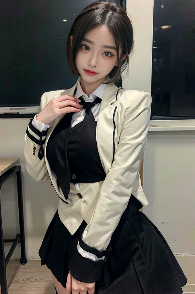 high resolution,21 year old girl,Telegraph slang,big round breasts,uniform,tic,tie ribbon,blazer jacket,skirt,beautiful eyes with details,long eyelashes,beautiful double eyelids,eye shadow,slit eye,Sanpaku eyes,dark eye makeup,smile,Your thin legs are pretty,black silk,black boots,Gather your short hair back,school classroom