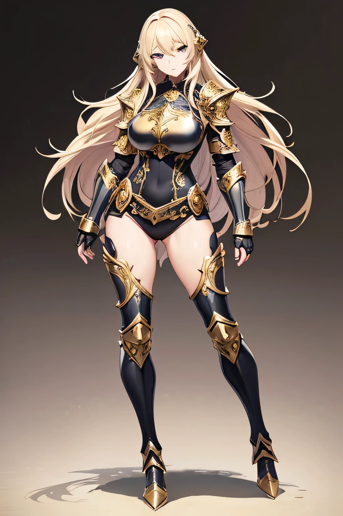 (((no background))),(((anime-style art))), (fantasy-themed), (((high resolution))), masterpiece,((female templar knight)), (in her (30s)). busty figure, beautiful eyes, beautiful face, beautiful expressions, ([long hair hair]:1.8), (full body:1.8), Gold hair, ((a armor made up of bronze and gold))((The armor details include a finely sculpted breastplate with ornate engravings, intricate filigree patterns on pauldrons and gauntlets, and a warm, slightly aged patina )),1 girl, solo,