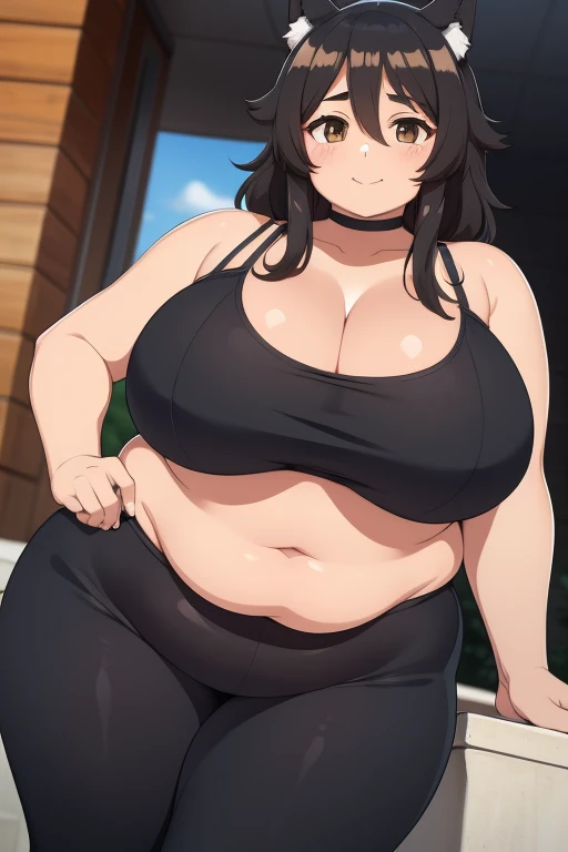 Plump  21 big breasts black hair brown eyes chubby smile black suit longer hair wolf girl