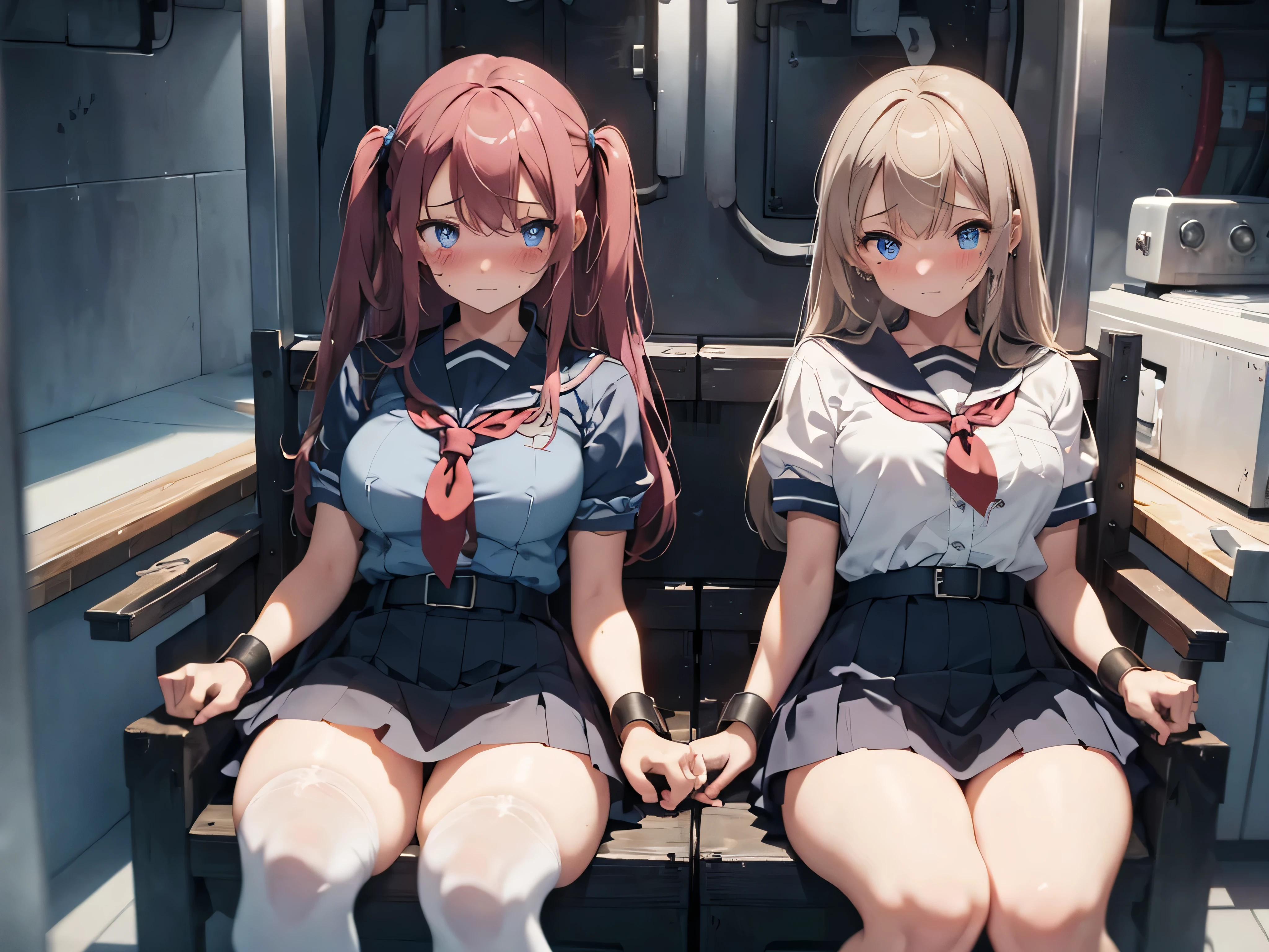 2 girls, strapped to chairs, (inside basement, torture room, cryogenic cell, cryogenic cell), (open legs:1.5), (blushing:1.5), (((blushing, terrified, crying))), (wrist cuffs, ankle cuffs, wrists tied, ankles tied), arms to the sides, ((tight clothing, short sleeves, sailor uniform, miniskirt, shoeless)), perfect face, detailed face, detailed eyes, beautiful eyes, big breasts, long hair