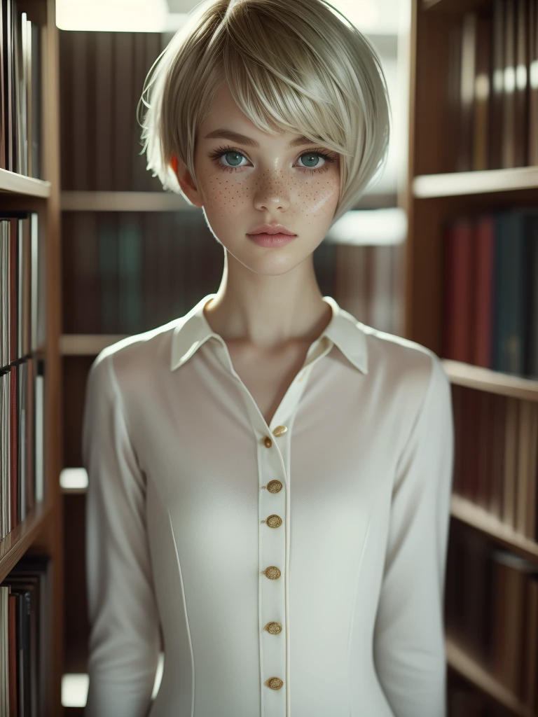 1girl, elegant bearing, small, slender build, short height, narrow shoulders, pale skin dotted by freckles, short platinum blonde hair, (((pixie cut hairstyle))), (((boyish hair))), (dark green eyes), silver glasses, cute facial features with an underlying elegance, thin lips, small breasts, youthful teen girl, RAW photo, ((slim body: 1)), (HQ skin: 1.4), 8k uhd, soft light, high quality, ((school uniform, white clothes, gold accents, (looking at viewer:1.4), library
