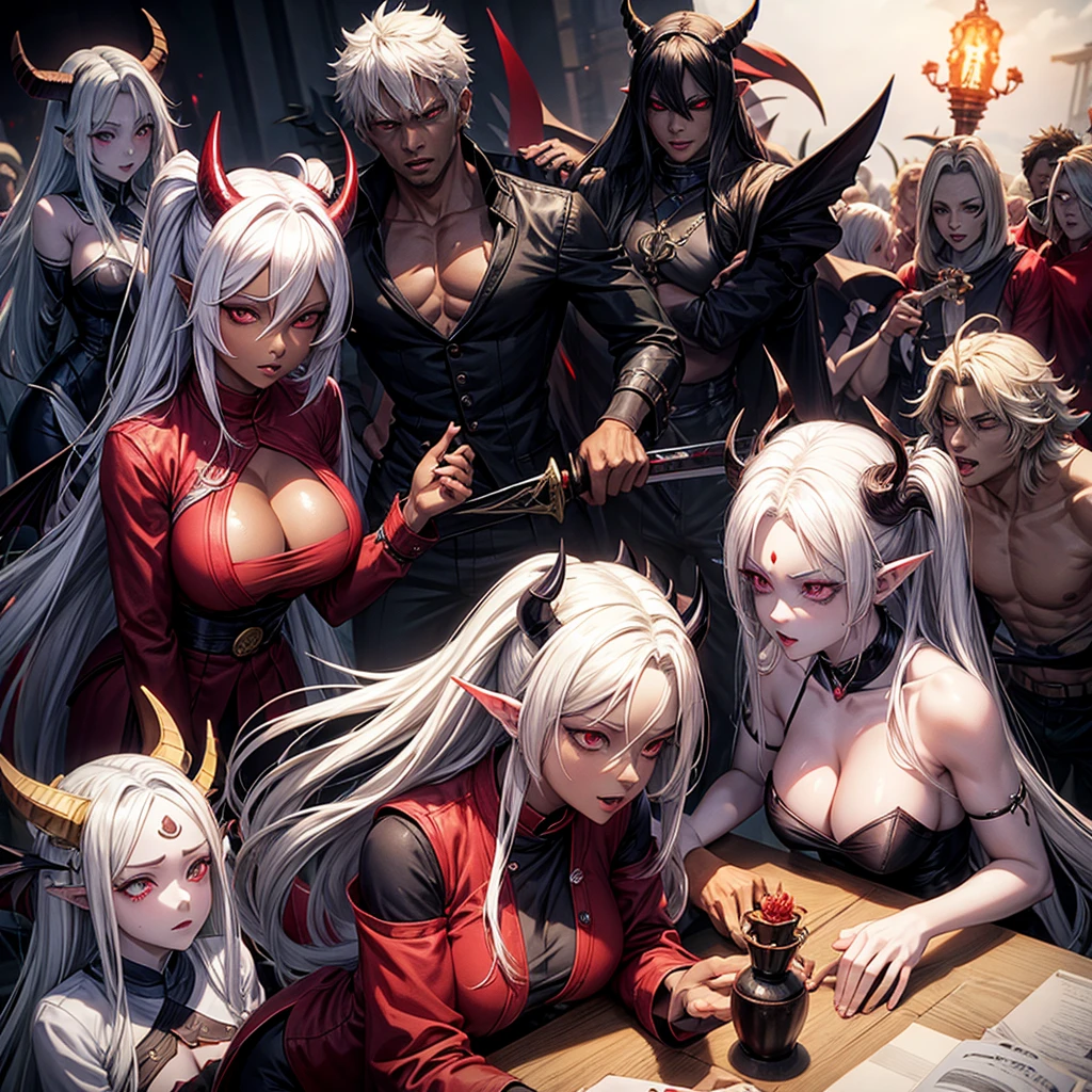 tsunade,dark skin,white hair,demon ears,demon wings,demon tails,demon horns,sexy,milf,sharingan eyes,corruption,sword