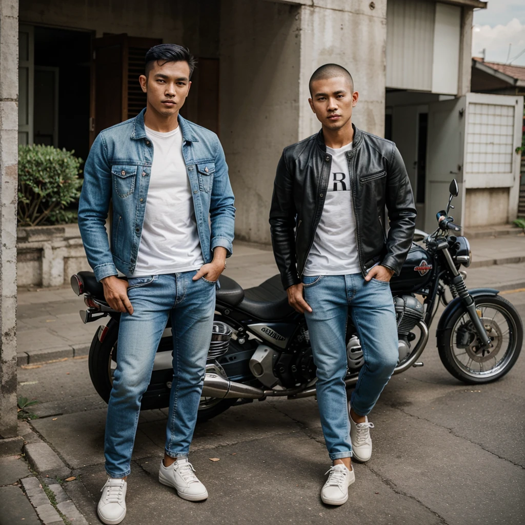 Photo of handsome Indonesian man,such as ambut buzzcut,jacket jeans,jeans,canvas shoes,riding a motorcycle,beautiful open air