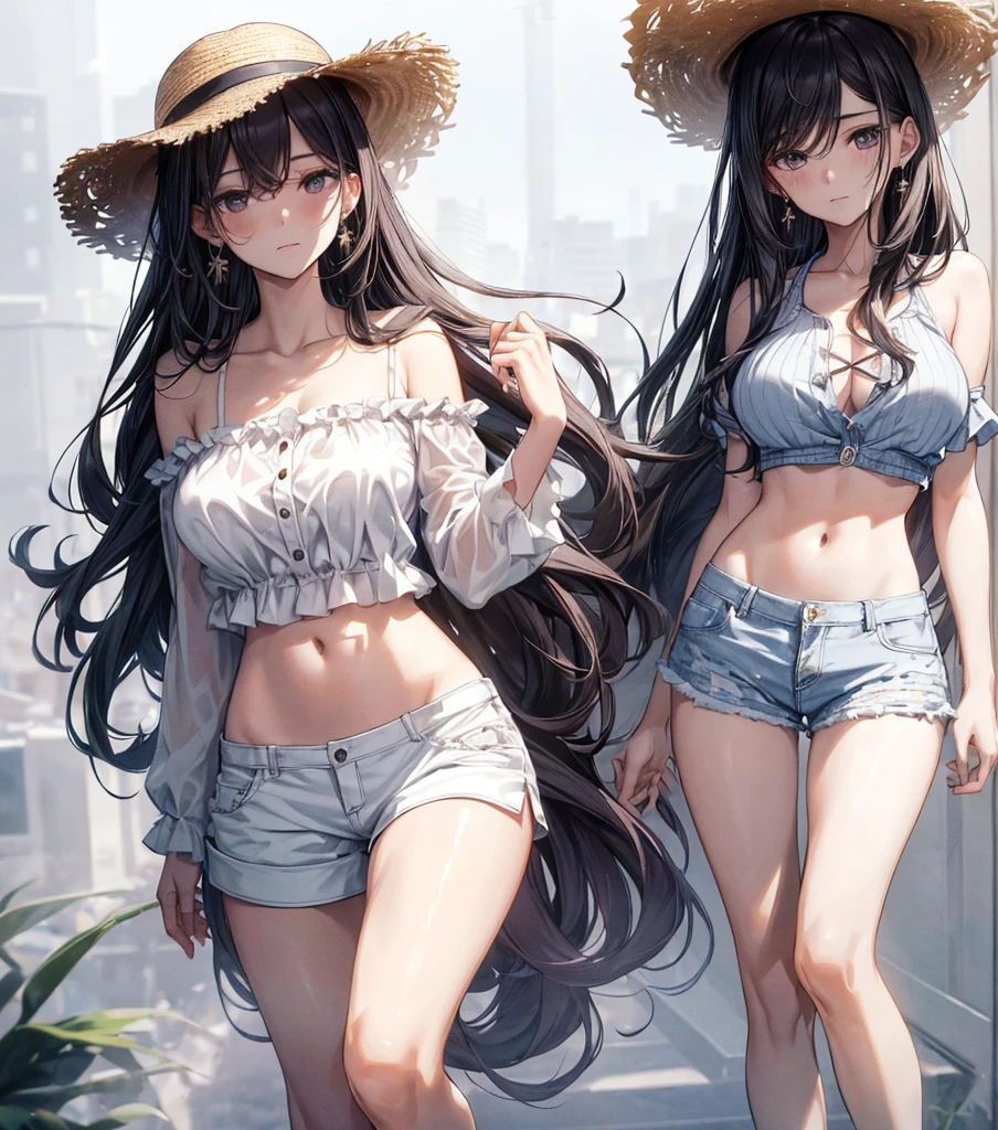 ((((absurdres, RAW photo, extremely delicate and beautiful, masterpiece, Best Quality, ultra high resolution, 32k, hyperrealistic, ultra-detailed)))), in her 20s, very Slim body, narrow waist, very small head, very small face, delicate facial features, beautiful face, beautiful eyes, ((very huge round tits)), medium hair, black hair, wavy hair, tearful mole, earring, ((full body shot)), casual, blouse, white shirt, buttoned shirt, bare shoulders, collarbone, midriff, navel, shorts, straw hat,