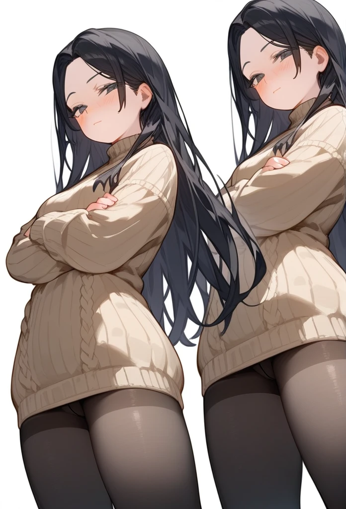 score_9, score_8_up, score_7_up, 1girl, woman, long hair, black hair, parted bangs, light black eyes, small breasts, innexpressive, beige sweater, blushing, narrowed eyes, closed mouth, standing, crossed arms, side view, thighs, thigh-high pantyhose, below view, upper body, masterpiece, best quality, white background