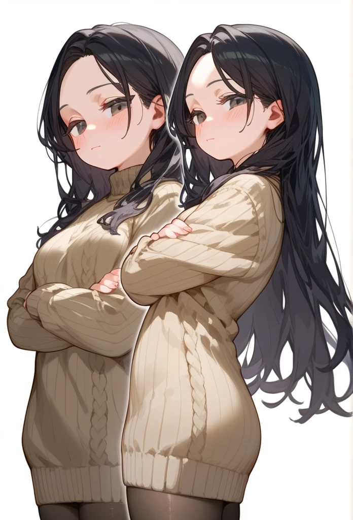 score_9, score_8_up, score_7_up, 1girl, woman, long hair, black hair, parted bangs, light black eyes, small breasts, innexpressive, beige sweater, blushing, narrowed eyes, closed mouth, standing, crossed arms, side view, thighs, thigh-high pantyhose, below view, upper body, masterpiece, best quality, white background