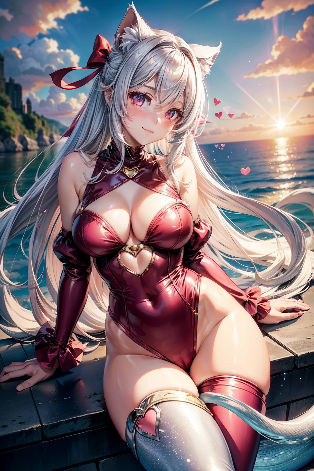 Silver hair, pink eyes, woman, sun and cloud background, red clothes, hair bows, happy face, mermaid outfit, sexy, cat ears, hearts, floating hearts, thigh up, thigh high tights, one leg up, laid back