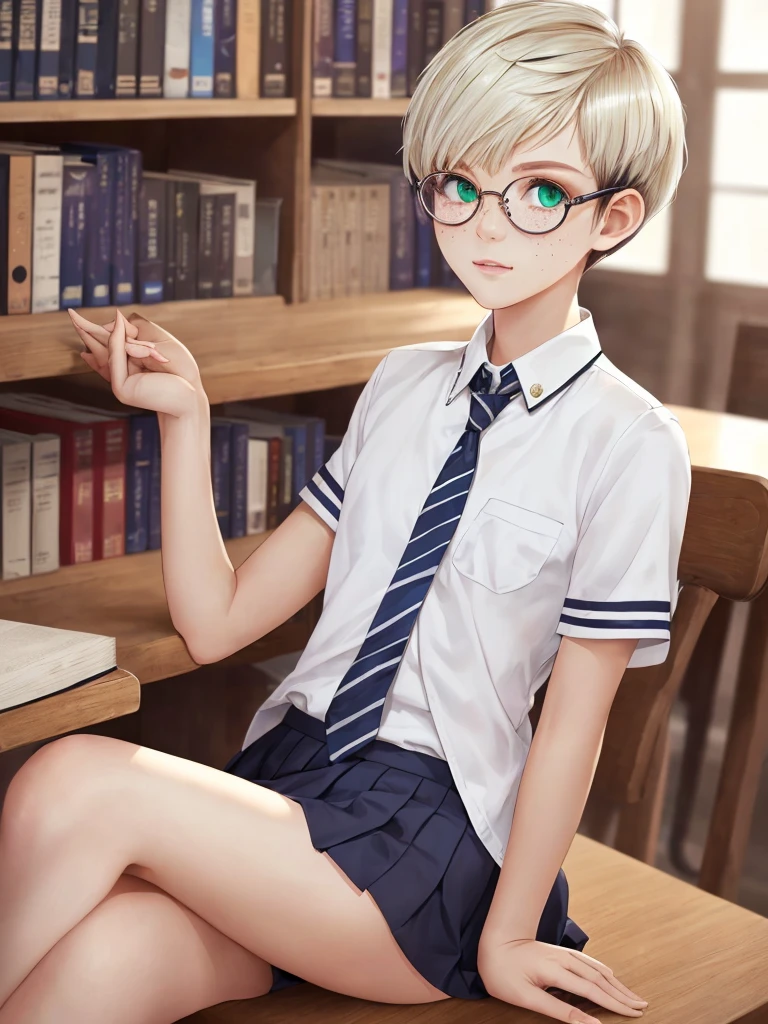 1girl, elegant bearing, small, slender build, short height, narrow shoulders, pale skin dotted by freckles, short platinum blonde hair, (((pixie cut hairstyle))), (((boyish hair))), (dark green eyes), silver glasses, cute facial features with an underlying elegance, thin lips, small breasts, youthful  girl, RAW photo, ((slim body: 1)), (HQ skin: 1.4), 8k uhd, soft light, high quality, ((school uniform, white clothes, gold accents, (looking at viewer:1.4), library
