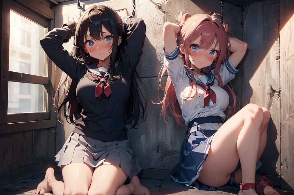 2 girls, strapped to ceiling, (tied wrists:1.5), (arms up), (handcuffed:1.5), (inside basement, torture room, cryogenic cell, cryogenic cell), (open legs:1.5), (blushing:1.5), (((blushing, terrified, crying))), (wrist cuffs, ankle cuffs, wrists tied, ankles tied), arms to the sides, ((tight clothing, short sleeves, sailor uniform, miniskirt, shoeless)), perfect face, detailed face, detailed eyes, beautiful eyes, big breasts, long hair