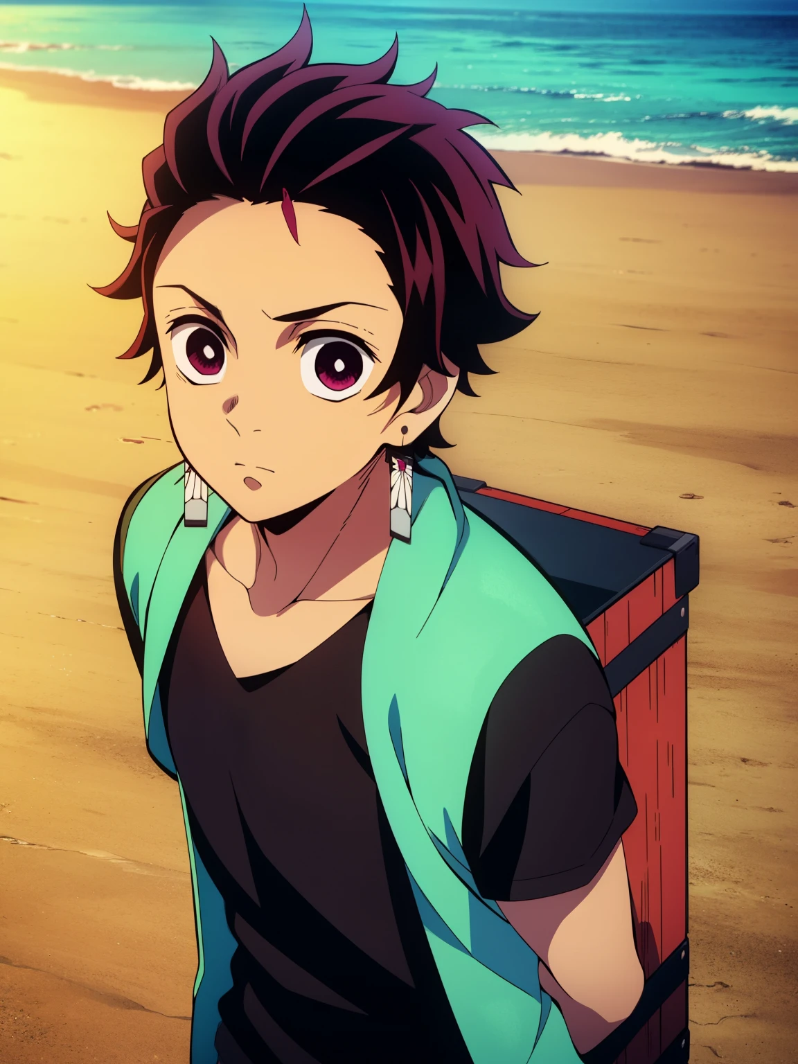 Highres, Masterpiece, Best quality at best,Best Quality,hight quality, hight detailed, Anime screencap style, 1boy, Shota, Little boy, Solo, Tanjiro, earring, holding the back of his head, tank top, sleeveless hoodie, Seen from the front, look at viewer, Beach, wear a hat, (very young boy), (very small and short body), 12-year-old boys, hansome boy, Uhd, 4k, wallpaper