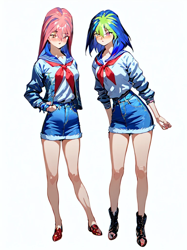 1 girl, glossy lips, glossy body, short hair, red lipstick, blue hair, golden hair, two-tone hair, red eyeshadow, spiked hair, blazer uniform, flared skirt, pink blush, sparkling eyes, high school girl, glossy hair, tall, beautiful legs, sailor uniform, blouse, shorts