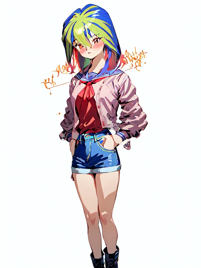 1 girl, glossy lips, glossy body, short hair, red lipstick, blue hair, golden hair, two-tone hair, red eyeshadow, spiked hair, blazer uniform, flared skirt, pink blush, sparkling eyes, high school girl, glossy hair, tall, beautiful legs, sailor uniform, blouse, shorts