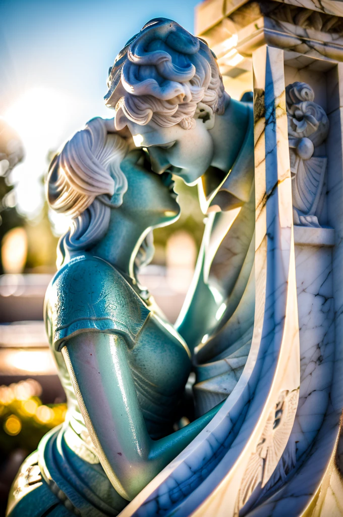 "Barcelona cemetery with marble statue depicting The Kiss of Death (sculpture) in Poblenou Cemetery by Jaume Barba. The photograph captures the exquisite details, accompanied by a beautiful bokeh effect. A masterpiece, raw, dslr, high quality, hyperrealistic, analog style, subtle subsurface scattering, daylight, sun flares"