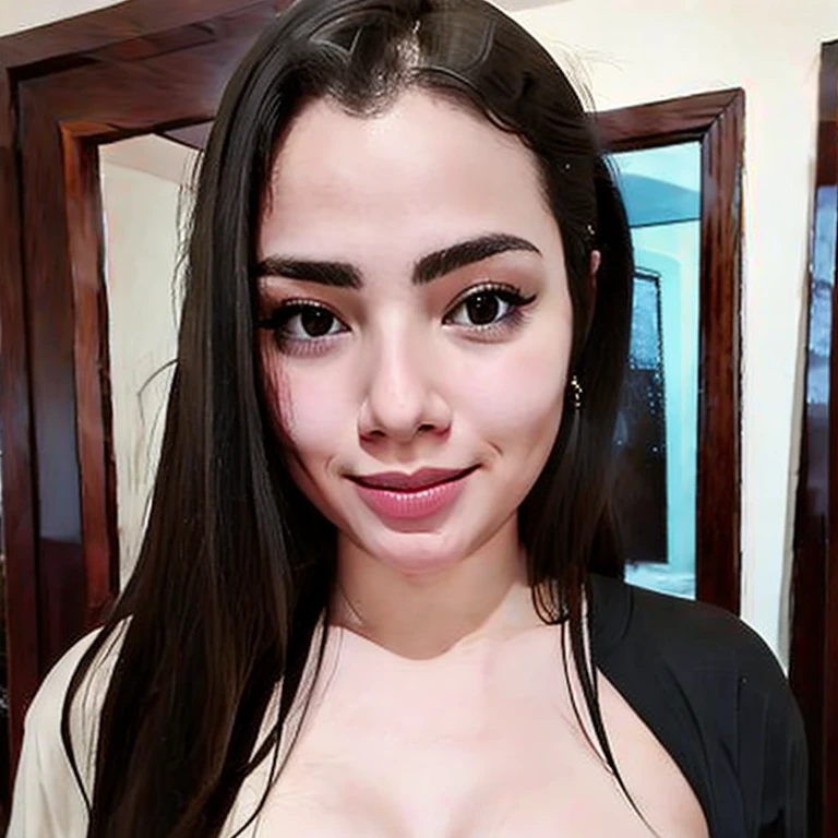 (From a birds-eye, above perspective), 1girl, high quality, high resolution, 4k, thin, 25 year old, solo, June, JuReis, wearing cute strap top, eyes looking up, lips, realistic, nose, flirting with camera, kneeling in a fitting room, looking seductively at viewer