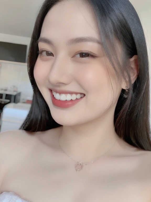 (realistic、masterpiece、Best Quality、8K、highres、high resolution:1.3)、1 girl、 Huge breasts、smile, white bikini、pale white skin、looking at viewers、super fine face and eyes、long hair、indoor、 upper body、