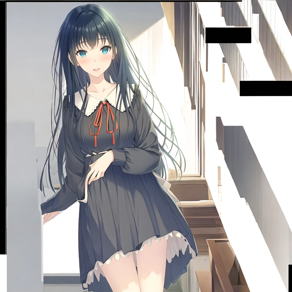 (masterpiece, best quality:1.2), 1girl, solo, black hair, eyebros visible through hair, frills, long hair, (long sleeves), neck ribbon, red neckwear, red ribbon, sailor collar,