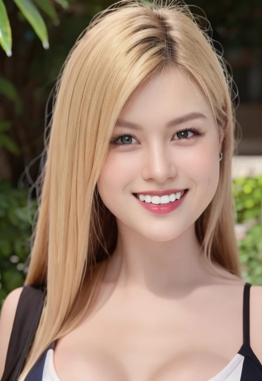 (realistic、masterpiece、Best Quality、8K、highres、high resolution:1.3)、1 girl、 Huge breasts、smile, white bikini、pale white skin、looking at viewers、super fine face and eyes、long blonde hair、indoor、 upper body、