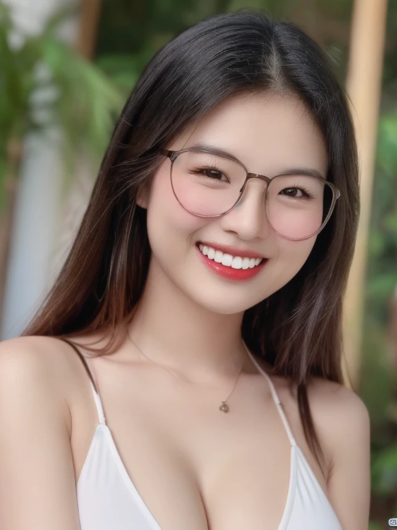 (realistic、masterpiece、Best Quality、8K、highres、high resolution:1.3)、1 glasses girl、Huge breasts、smile, white bikini、pale white skin、looking at viewers、super fine face and eyes、long hair、indoor、 upper body、