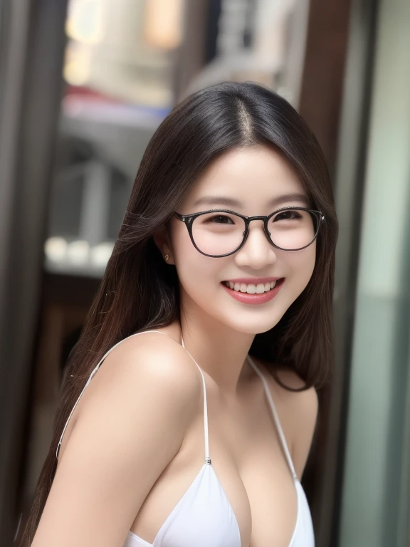 (realistic、masterpiece、Best Quality、8K、highres、high resolution:1.3)、1 glasses girl、Huge breasts、smile、white bikini、pale white skin、looking at viewers、super fine face and eyes、long hair、indoor、 upper body、