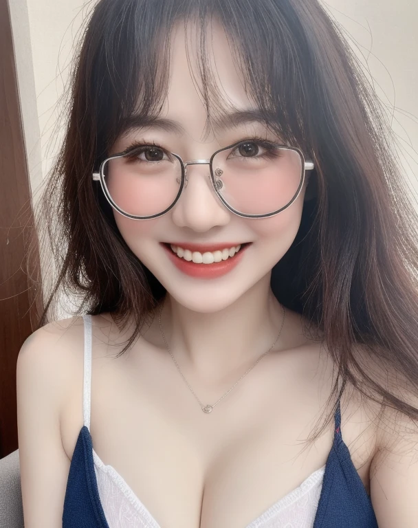 (realistic、masterpiece、Best Quality、8K、highres、high resolution:1.3)、1 glasses girl、Huge breasts、smile, white bikini、pale white skin、looking at viewers、super fine face and eyes、long hair、indoor、 upper body、